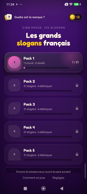 L'écran d'accueil et ses cinq packs