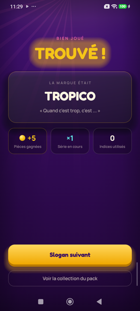 L'écran de résultat après une marque trouvée